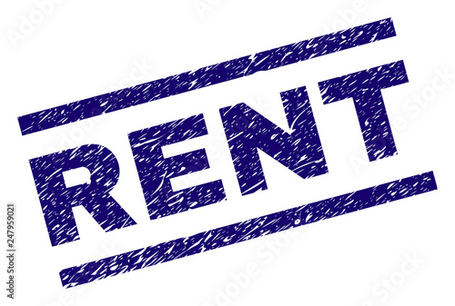 RENT seal print with scratced style. Blue vector rubber print of RENT label with dust texture. Text label is placed between parallel lines.