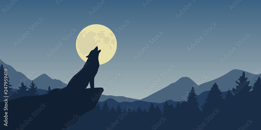 Fototapeta wilk wyje przy pełni księżyca natury zieleni krajobrazu wektorową ilustracją EPS10