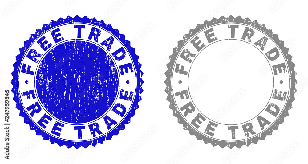 Grunge FREE TRADE stamp seals isolated on a white background. Rosette seals with grunge texture in blue and grey colors. Vector rubber overlay of FREE TRADE text inside round rosette. Grunge FREE TRADE stamp seals isolated on a white background. Rosette seals with grunge texture in blue and grey colors. Vector rubber overlay of FREE TRADE text inside round rosette.