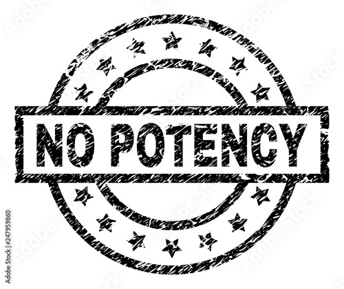 NO POTENCY stamp seal watermark with distress style. Designed with rectangle, circles and stars. Black vector rubber print of NO POTENCY caption with scratched texture.