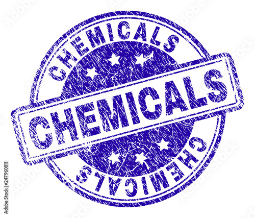 CHEMICALS stamp seal watermark with distress texture. Designed with rounded rectangles and circles. Blue vector rubber print of CHEMICALS label with unclean texture.