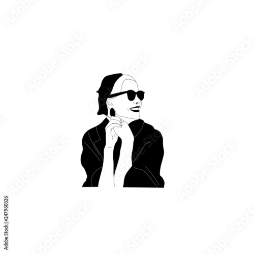 Fashion woman portrait. Hand drawn vector illustration of a girl in trendy clothes. Monochrome graphics drawing