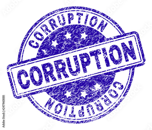 CORRUPTION stamp seal watermark with distress texture. Designed with rounded rectangles and circles. Blue vector rubber print of CORRUPTION title with scratched texture.