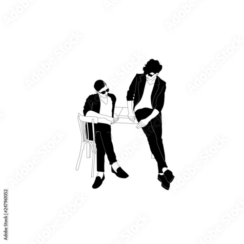 Fashionable men, businessmen, meeting partners, a guy with a cup of coffee or tea, brutal guy with glasses. Hand drawn vector illustration