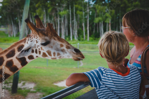 mother and son looking at giraffe in zoo