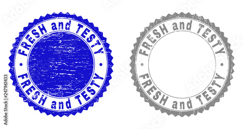 Grunge FRESH AND TESTY stamp seals isolated on a white background. Rosette seals with grunge texture in blue and gray colors. Vector rubber stamp imprint of FRESH AND TESTY text inside round rosette.