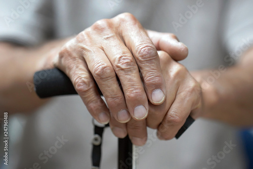 Senior Man Holding Cane. Close-up Of old man Hands On Walking Stick. Hand of a old man holding a cane