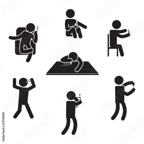 Drug addiction icon set. People using drugs icons. Vector.