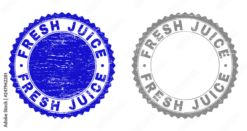 Grunge FRESH JUICE stamp seals isolated on a white background. Rosette seals with grunge texture in blue and grey colors. Vector rubber stamp imitation of FRESH JUICE label inside round rosette.