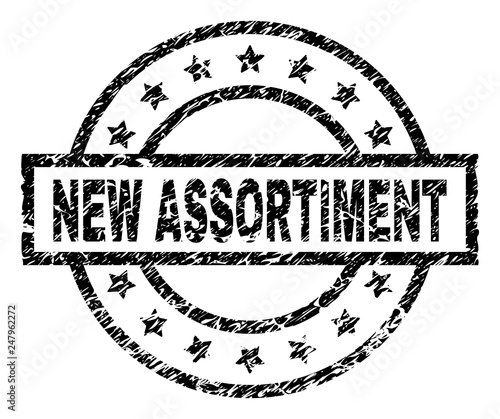 NEW ASSORTIMENT stamp seal watermark with distress style. Designed with rectangle, circles and stars. Black vector rubber print of NEW ASSORTIMENT title with scratched texture.