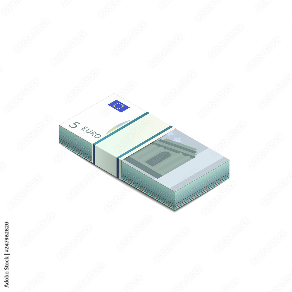 Bright five euro banknotes in stack in isometric view, pile notes on white Bright five euro banknotes in stack in isometric view, pile notes on white