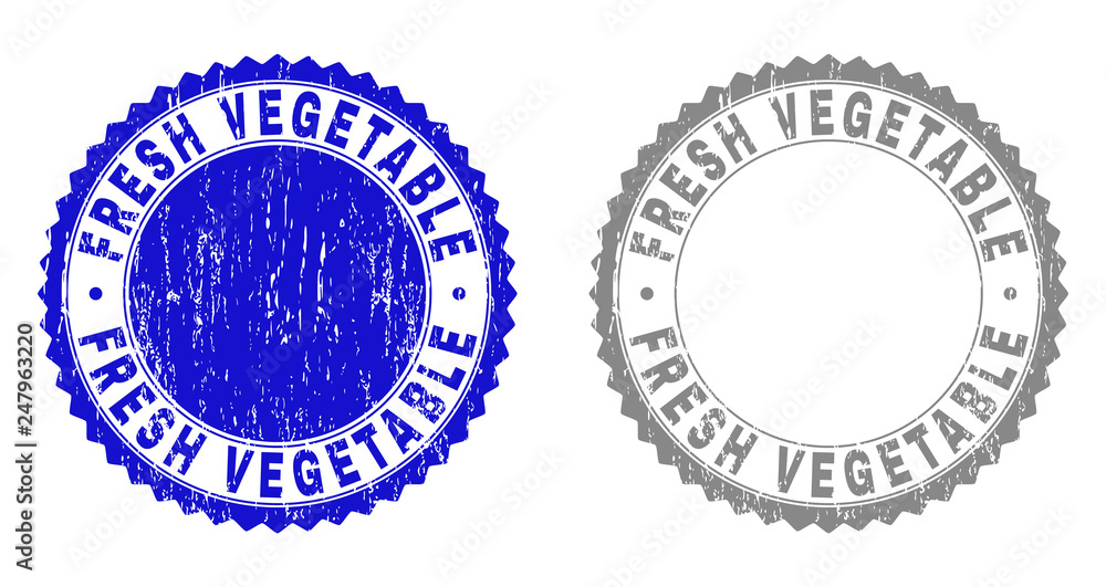 Grunge FRESH VEGETABLE stamp seals isolated on a white background. Rosette seals with grunge texture in blue and gray colors. Vector rubber overlay of FRESH VEGETABLE text inside round rosette.