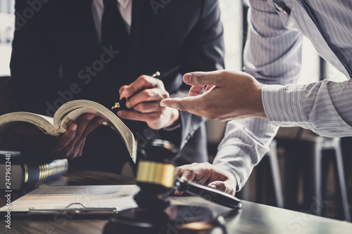 Good service cooperation, Consultation of Businessman and Male lawyer or judge counselor having team meeting with client, Law and Legal services concept