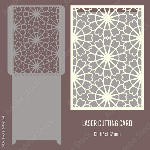 DIY laser cutting vector envelope. Wedding die cut invitation template. Cutout silhouette card. Scrapbook carved paperwork. Floral layout.