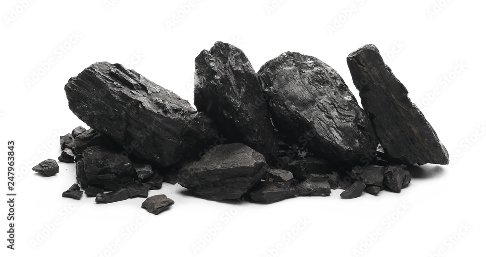 black coal chunks isolated on white background - obrazy, fototapety, plakaty 