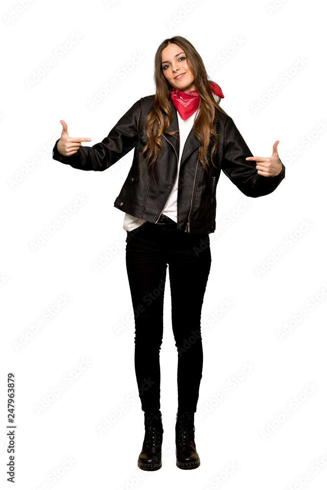 Full-length shot of Young woman with leather jacket proud and self-satisfied in love yourself concept on isolated white background Full-length shot of Young woman with leather jacket proud and self-satisfied in love yourself concept on isolated white background