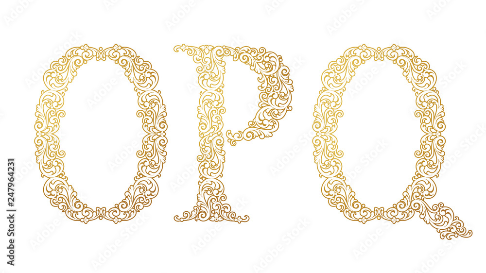 Gold font type letter O, P, Q, uppercase. Vector baroque element of