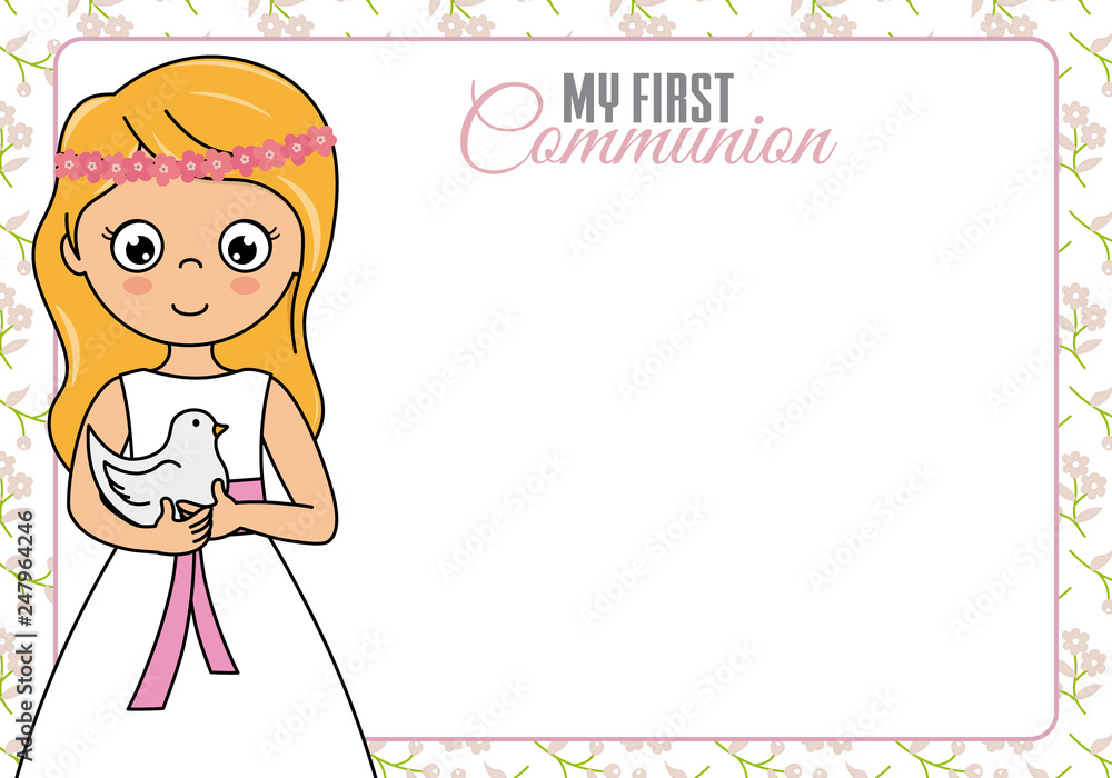 My first communion. Little girl with pigeon. Space for text My first communion. Little girl with pigeon. Space for text