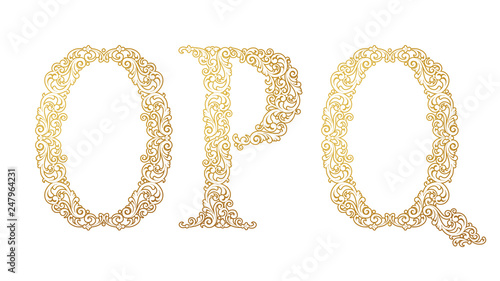 Gold font type letter O, P, Q, uppercase. Vector baroque element of golden vintage alphabet made from curls and floral motifs. Isolated on white background. Victorian ABC element in vector.
