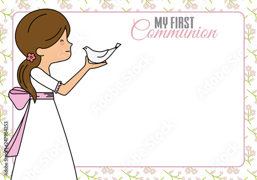 My first communion. Little girl with pigeon. Space for text