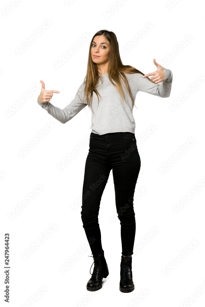 Full-length shot of young girl proud and self-satisfied in love yourself concept on isolated white background Full-length shot of young girl proud and self-satisfied in love yourself concept on isolated white background