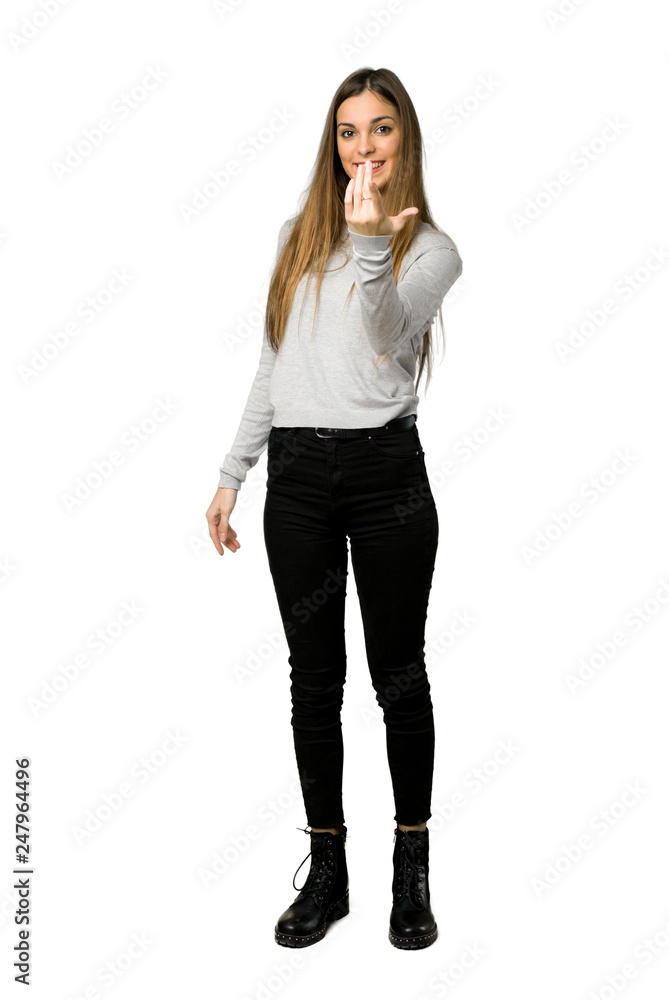 Full-length shot of young girl inviting to come with hand. Happy that you came on isolated white background Full-length shot of young girl inviting to come with hand. Happy that you came on isolated white background