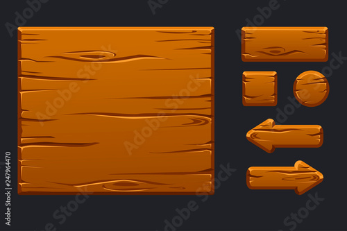 Vector game ui kit. Template wooden menu of graphical user interface GUI and buttons to build 2D games.