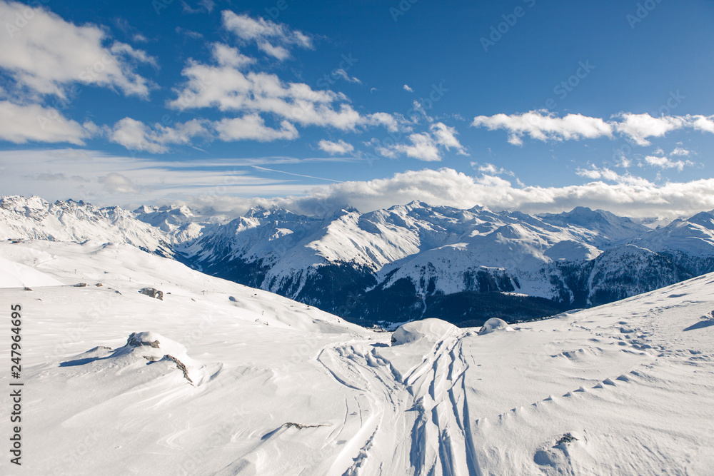 Davos Switzerland sunny snowy landscape with panoramic view 