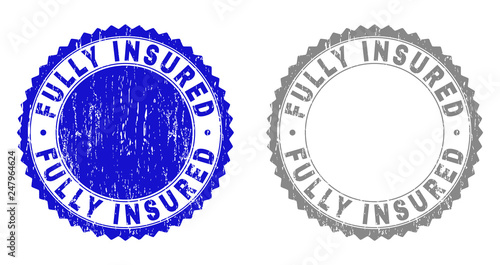 Grunge FULLY INSURED stamp seals isolated on a white background. Rosette seals with grunge texture in blue and grey colors. Vector rubber stamp imprint of FULLY INSURED text inside round rosette.