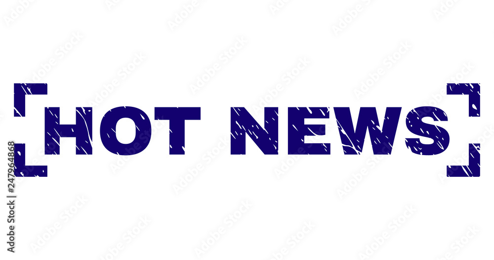 HOT NEWS tag seal print with distress effect. Text tag is placed between corners. Blue vector rubber print of HOT NEWS with dust texture.