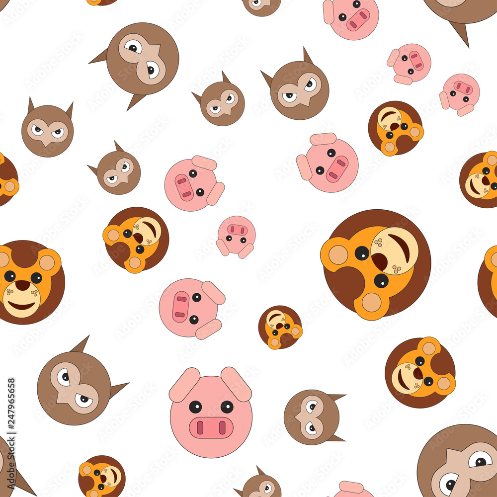 Fototapeta premium Seamless pattern of owl head of lion and pig