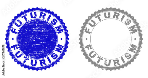Grunge FUTURISM stamp seals isolated on a white background. Rosette seals with grunge texture in blue and gray colors. Vector rubber stamp imprint of FUTURISM text inside round rosette.