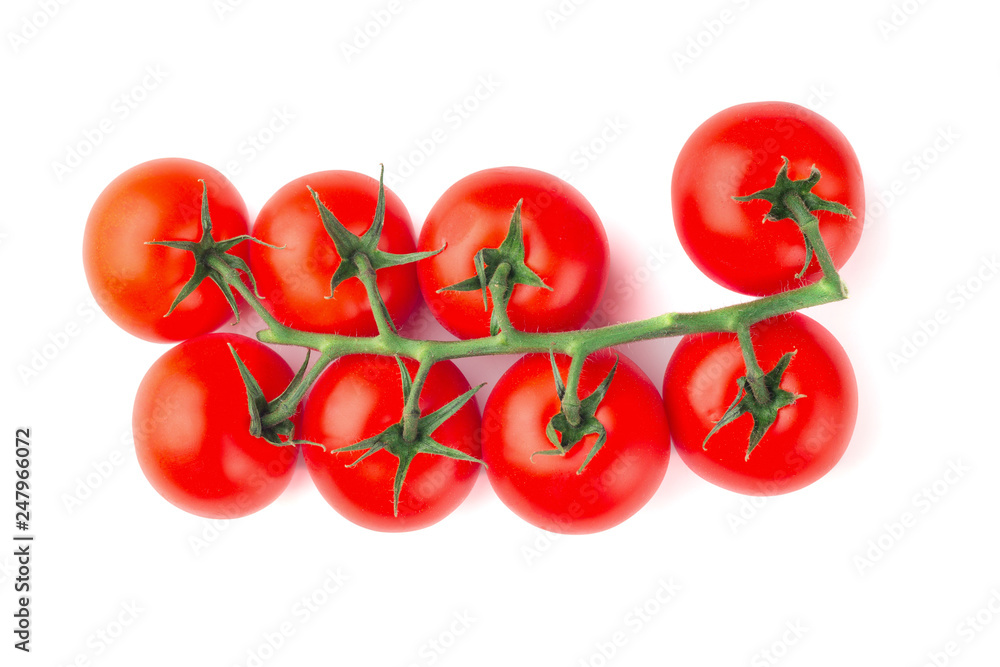 Ripe fresh cherry tomatoes on branch isolated on white background Ripe fresh cherry tomatoes on branch isolated on white background