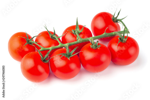 Ripe fresh cherry tomatoes on branch isolated on white background