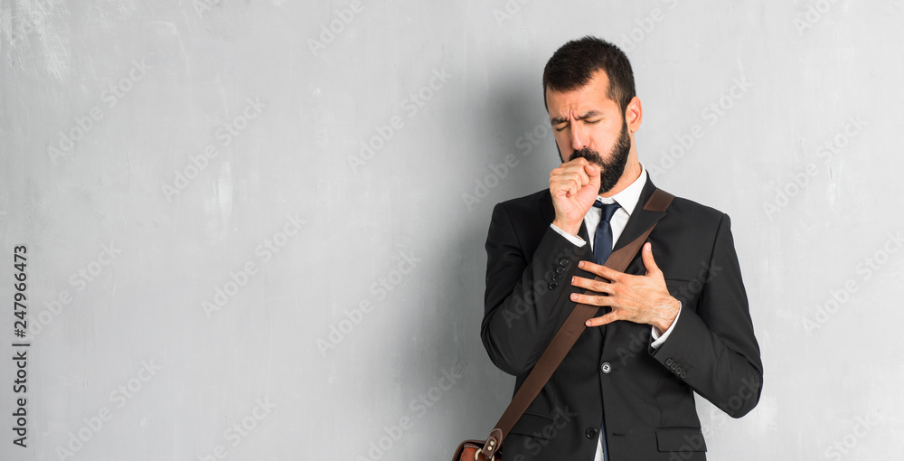 Businessman with beard is suffering with cough and feeling bad Businessman with beard is suffering with cough and feeling bad