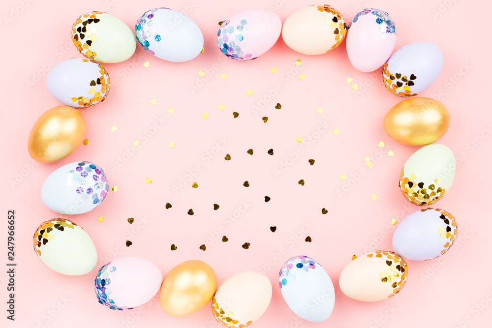Festive Happy Easter background with decorated eggs, flowers, candy and ribbons in pastel colors on white. Copy space Festive Happy Easter background with decorated eggs, flowers, candy and ribbons in pastel colors on white. Copy space