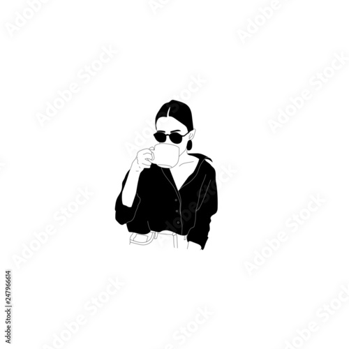 Fashion woman with sunglasses and coffee. Hand drawn vector illustration 