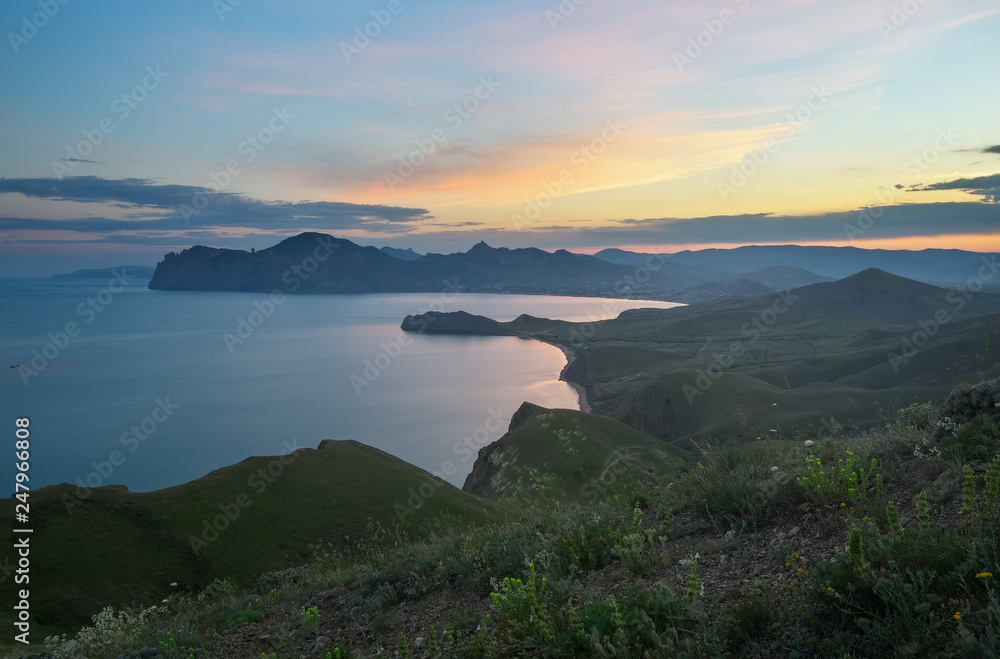 Sea spring bay. View from the mountain. Nature composition.