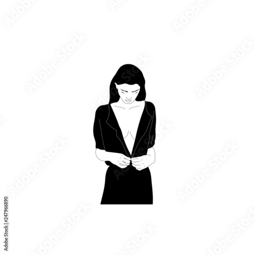 Fashion woman portrait. Hand drawn vector illustration of a girl in trendy clothes. Monochrome graphics drawing