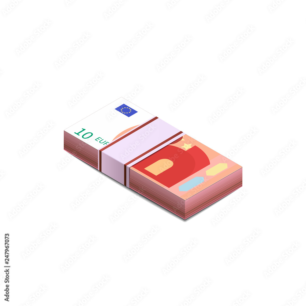 Bright ten euro banknotes in stack in isometric view, pile notes on white Bright ten euro banknotes in stack in isometric view, pile notes on white