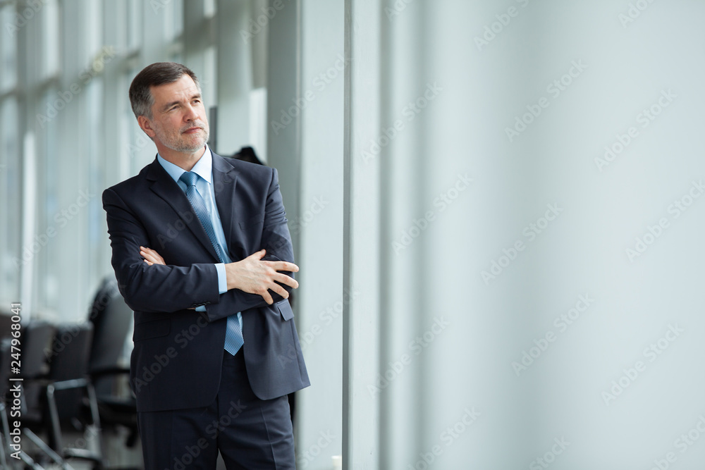 thoughtful mid age businessman looking through office window.