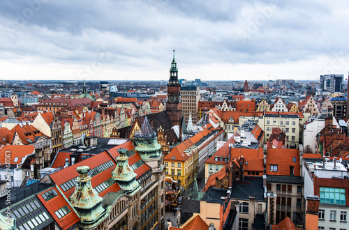 Landmark view of Wroclaw red rooftops and cathedrals