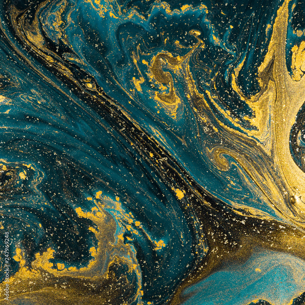 Fototapeta Turkusowa farba ze złotym brokatem. Marmurowe tło. Malarstwo abstrakcyjne