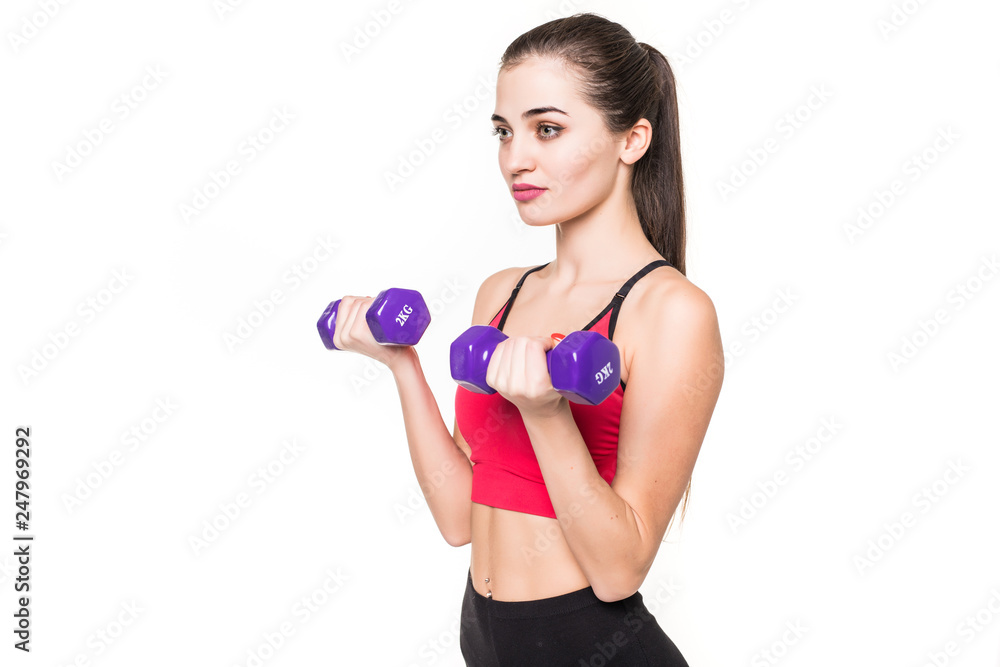 Portrait of pretty sporty girl holding weights isolated on white background Portrait of pretty sporty girl holding weights isolated on white background