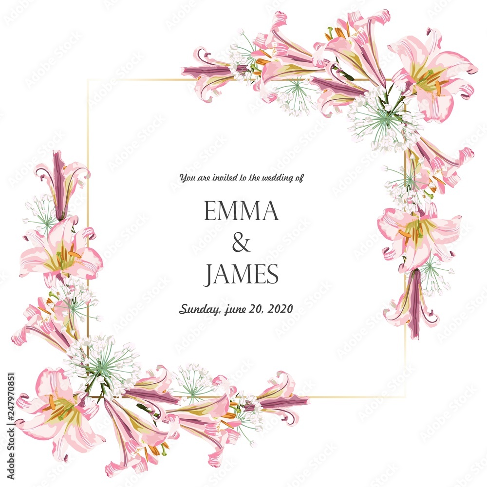 Save the Date Card Template with Golden Frame and Pink lilies Flowers. Wedding Invitation, Greeting with Floral Ornament. Save the Date Card Template with Golden Frame and Pink lilies Flowers. Wedding Invitation, Greeting with Floral Ornament.