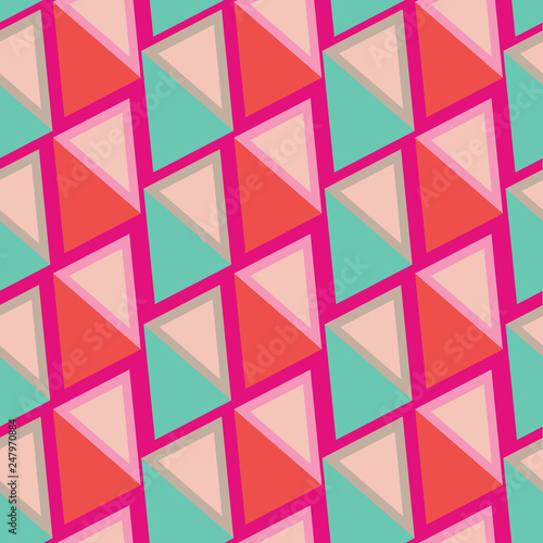 3d look triangles appear shiny and plastic looking in this seamless repeat geometric pattern. Vector design in a brilliant turquoise green, bright orange and hot pink. Trendy zine culture colors.