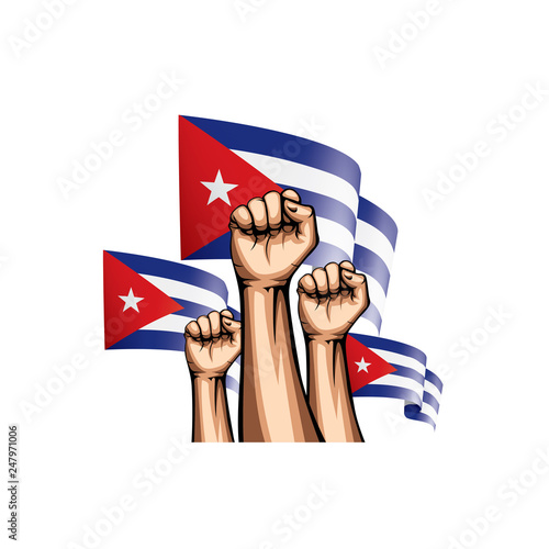 Cuba flag and hand on white background. Vector illustration