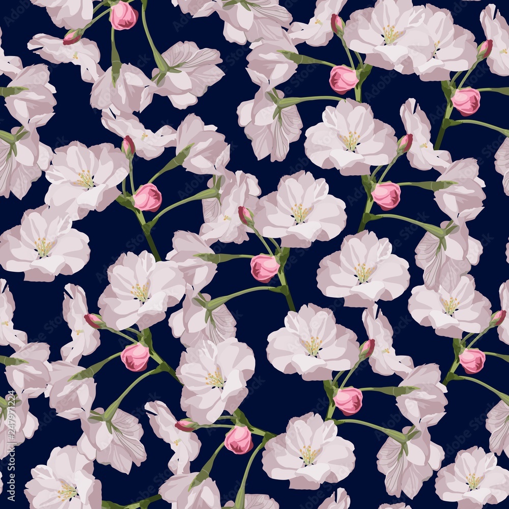 Obraz premium Sakura. Seamless pattern. Pink Cherry blossom branches. Spring botanical illustration. Dark blue background.