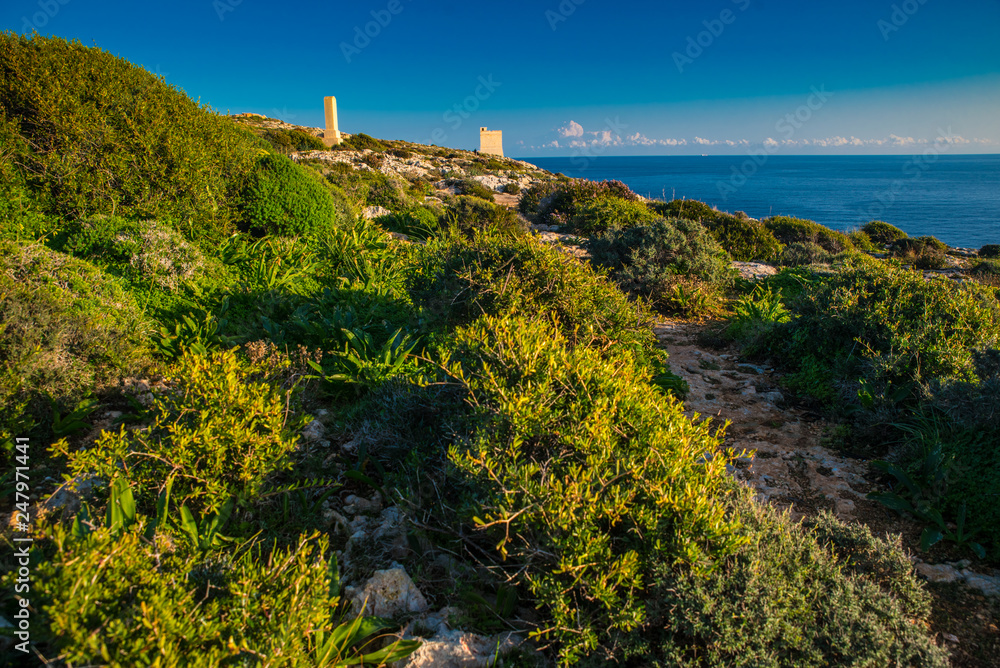Summer vacation by the Mediterranean Sea, Blue water, Watchtower in background