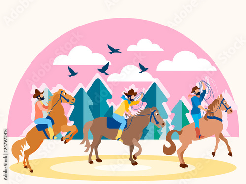 Three cowboys on horseback in Texas. In minimalist style. Flat isometric vector